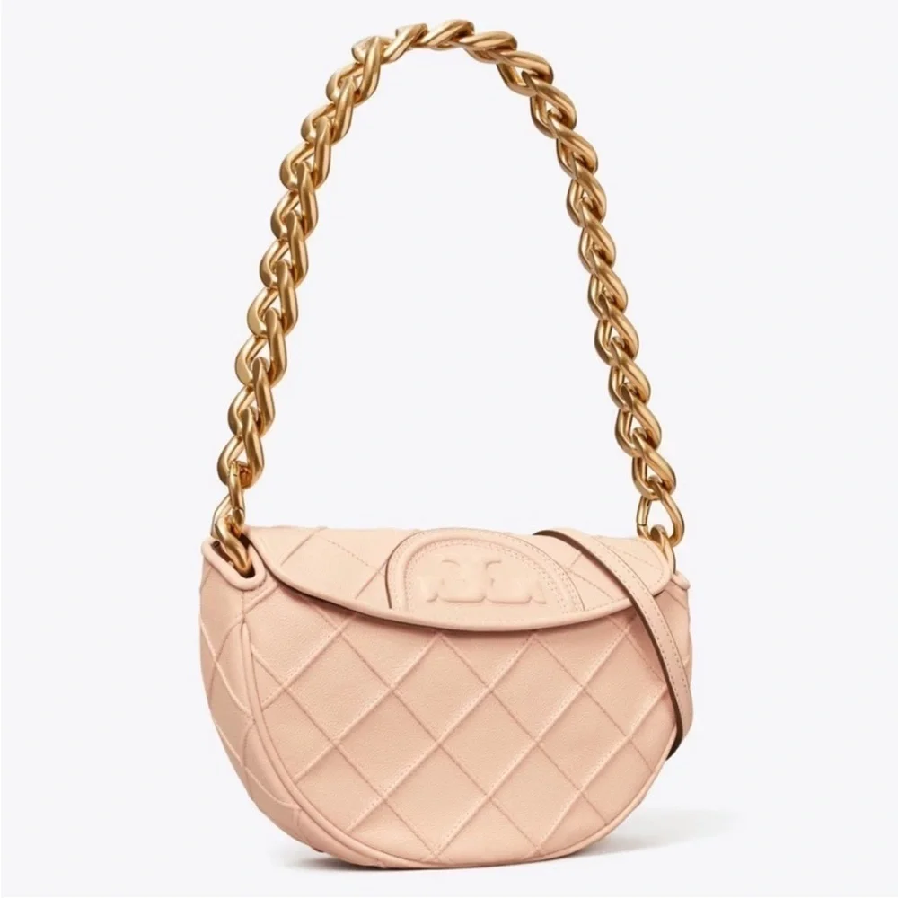 New Tory Burch MINI FLEMING SOFT POLISHED-GRAIN CRESCENT BAG